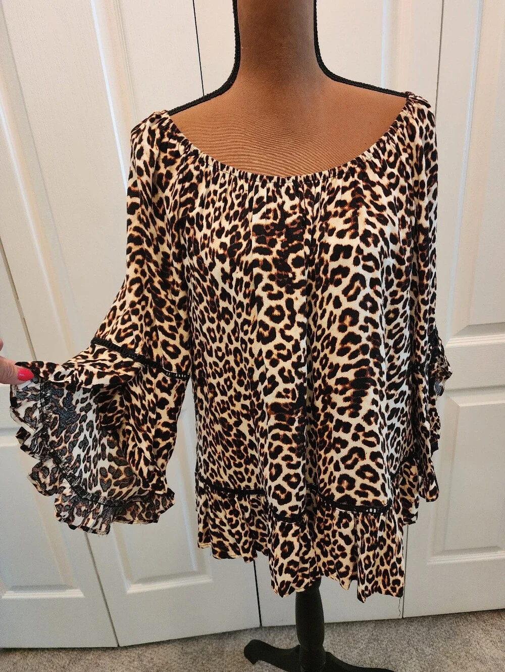 Fever Leopard-Print Flutter Split Bell Sleeves Mob Wife Ruffle Tunic